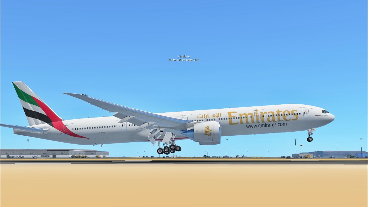 Emirates 777-300ER short landing (Tower, Engine, Cockpit views)