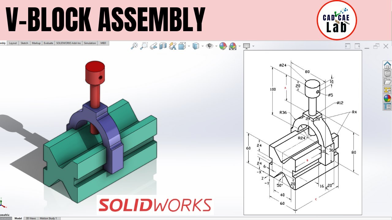 SOLIDWORKS | Моделирование и сборка V-образных блоков | Для начинающих