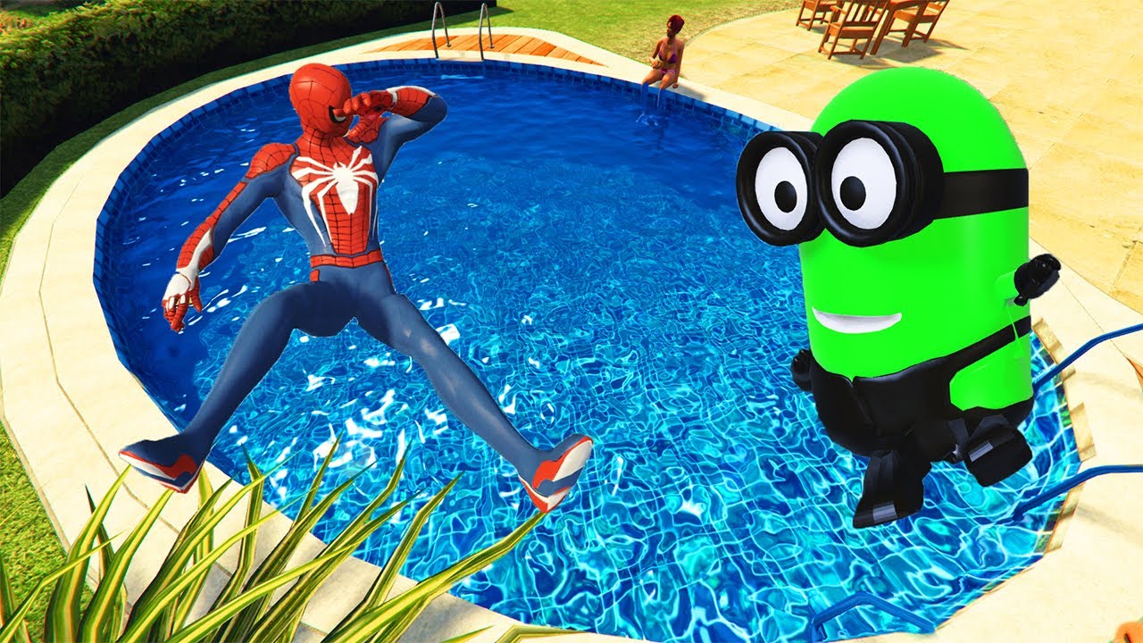 GTA 5 Spiderman & Rainbow Minions Pool Parkour (Compilation)