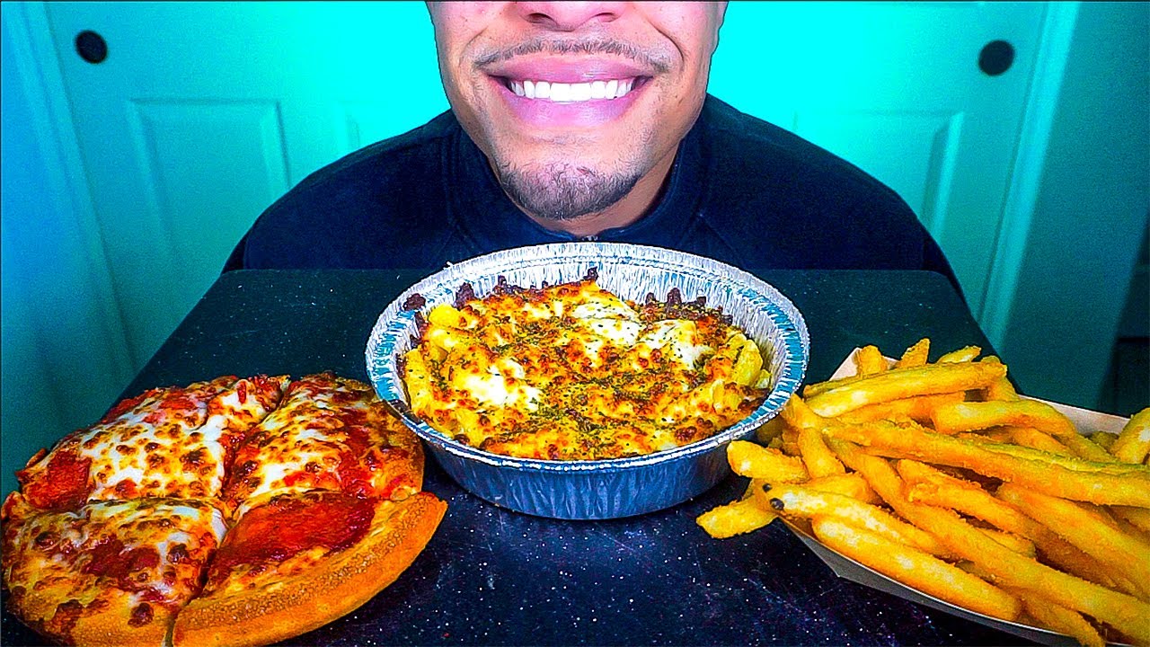 ASMR PIZZA HUT MY HUT BOX FRIES CHEESY ALFREDO PASTA EATING NO TALKING MUKBANG MOUTH SOUNDS