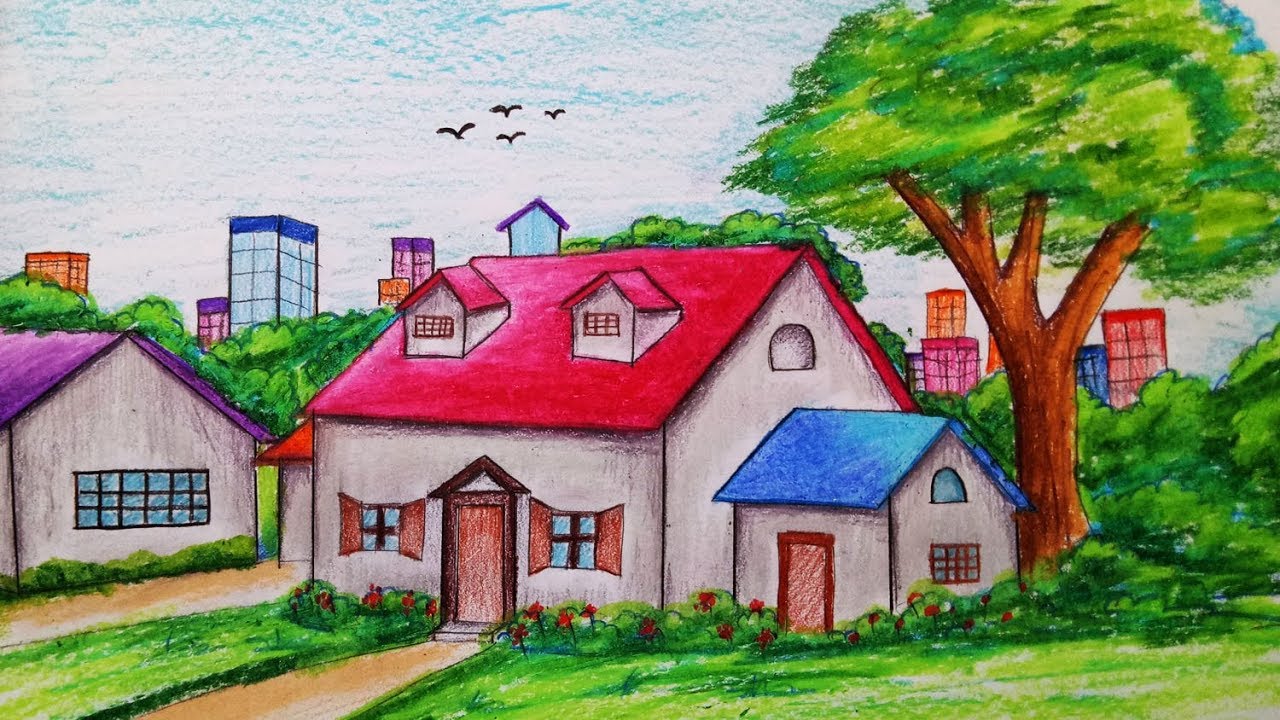 How to draw landscape / scenery with oil pastel.Step by step(easy draw)