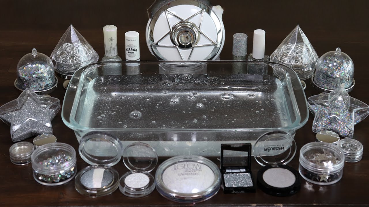 'Metallic silver' Mixing'Silver' Makeup,Eyeshadow and Silver ring,glitter Into Slime. ★ASMR★