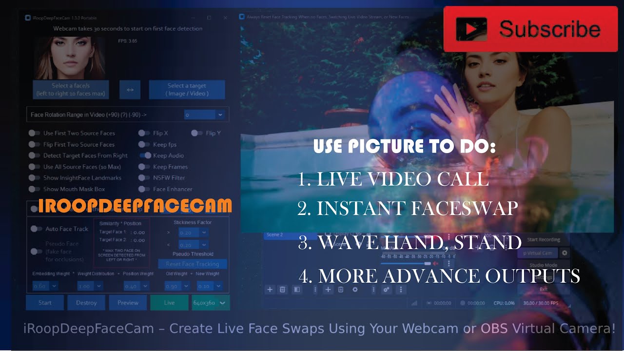 iRoopDeepFaceCam Real Live Video Call Using just Picture on GPU & CPU without installation, Faceswap
