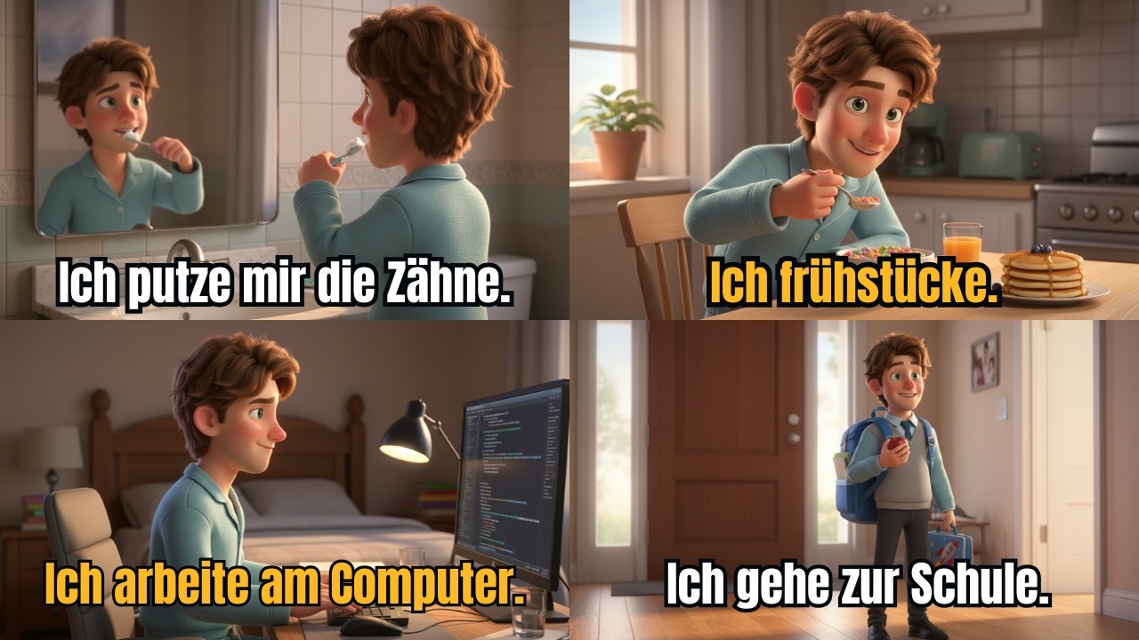 Tagesablauf auf Deutsch | Präsens | Einfache deutsche Sätze für Anfänger lernen