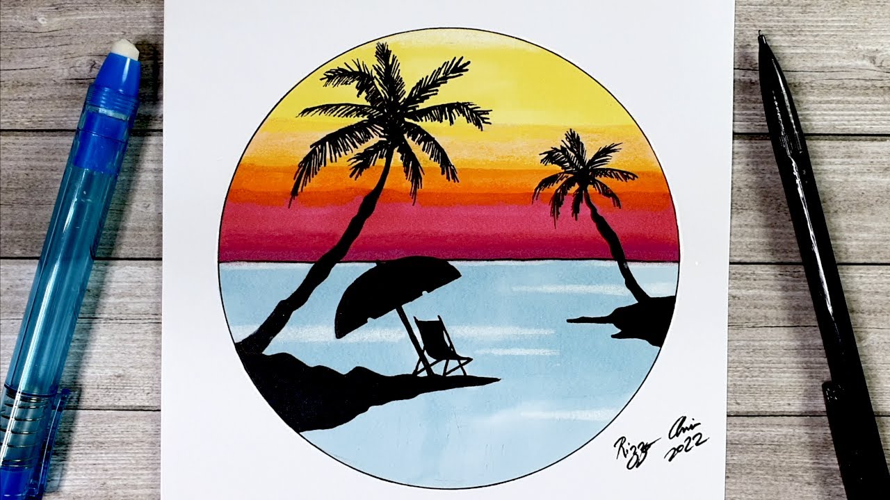 Comment dessiner une île paradisiaque dans un cercle - Tutoriel de dessin