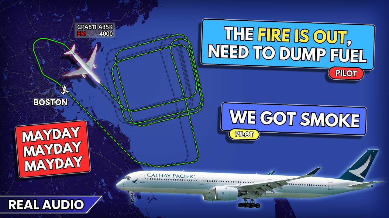 Cathay Pacific Airbus A350 declares MAYDAY due to smoke on board, Boston Logan Airport. Real ATC