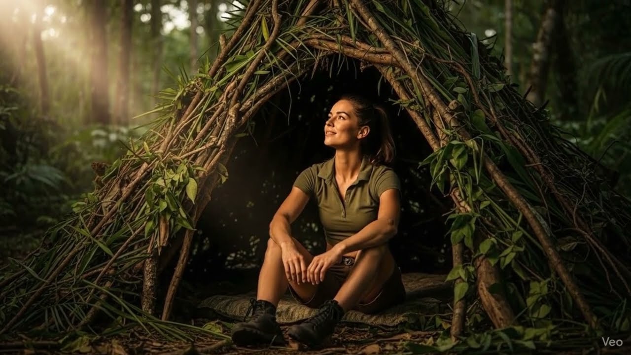 A cozy log cabin for survival under an upturned root. Bushcraft, Dugout, Catch and Cook