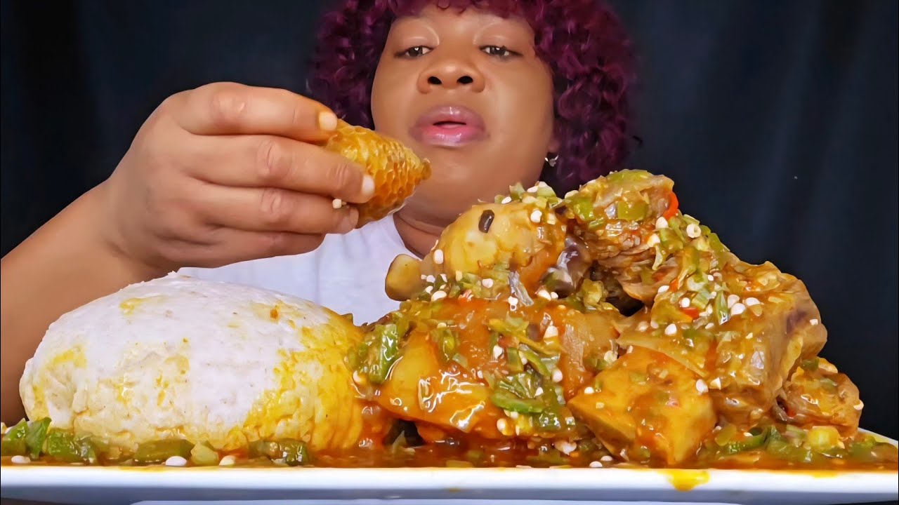 Asmr mukbang spicy okro soup and casava fufu African food eating sound 