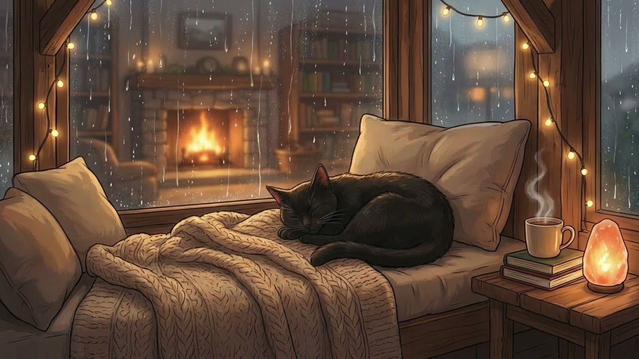 Cozy Jazz Romance Night 🔥 Rainy Window & Fireplace Ambience for Sleep, Study & Relax