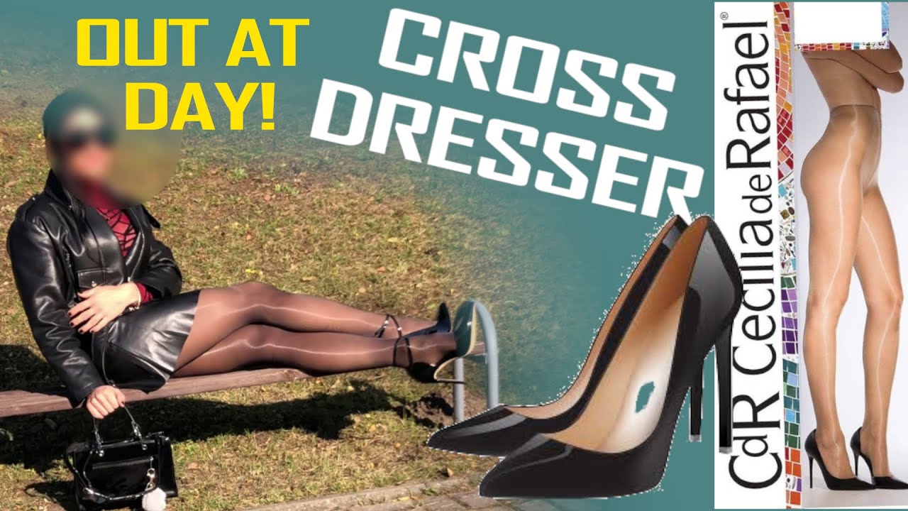 CROSSDRESSER ALEXANDRA WEARING ULTRA SHINY PANTYHOSE STILETTO HIGH HEELS AND LEATHER IN PUBLIC