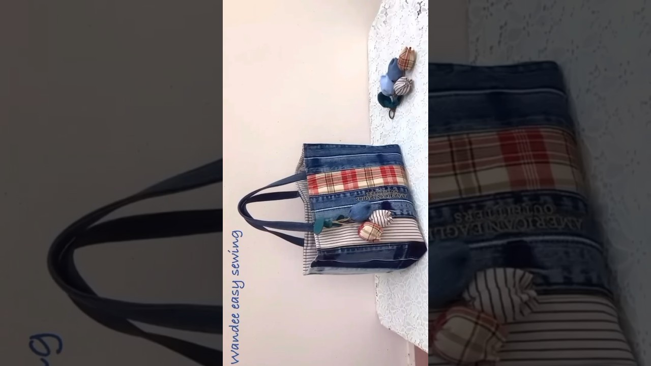 sewing diy denim tote bag from old jeans waistband #wandeeeasysewing #denimtotebag #totebagtutorial