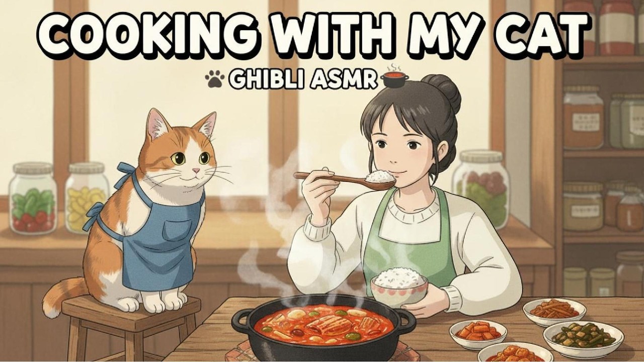 ASMR] Cooking Comforting Kimchi Stew with My Cat 🐾 | Ghibli Vibes