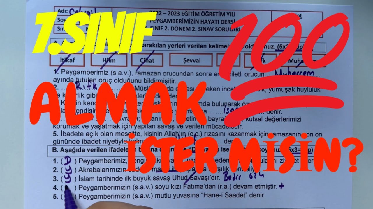 7. Sınıf Peygamberimizin Hayatı 2. Dönem 2. Yazılı Soruları