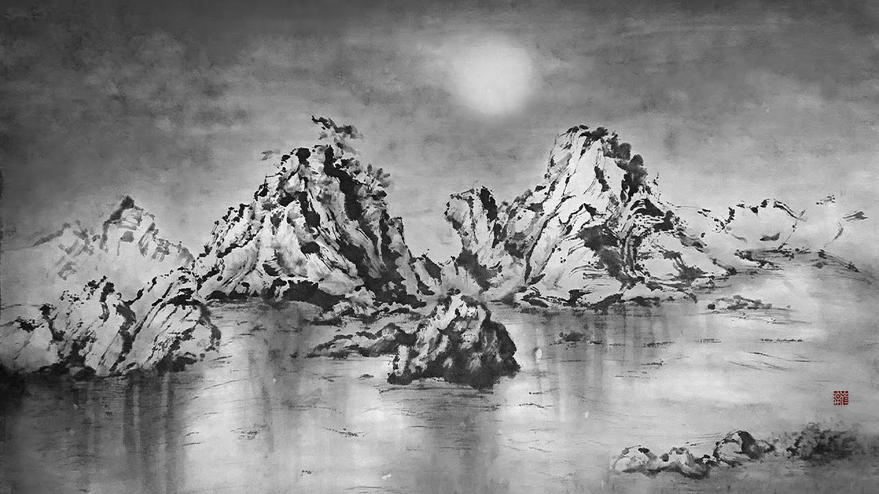 Картина тушью, пейзаж, море 