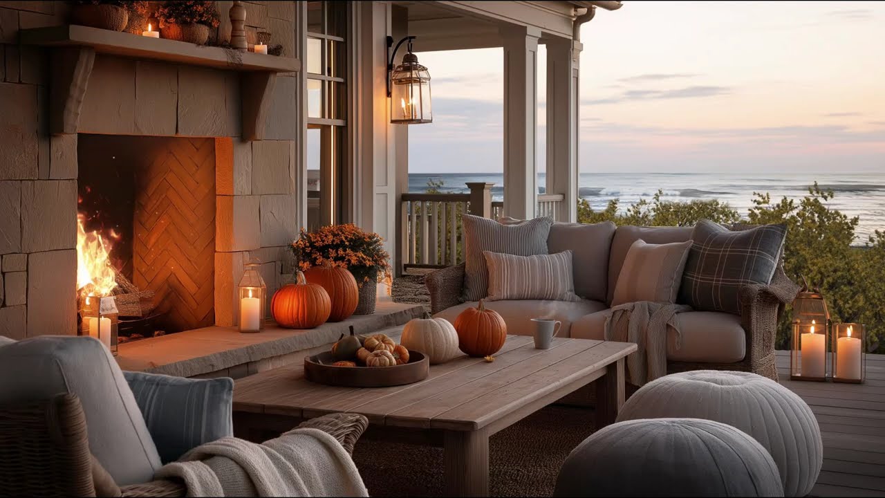 Cozy Oceanfront Fall Fireplace Ambience with Crackling Fire & Ocean Waves | Relaxing Focus ASMR