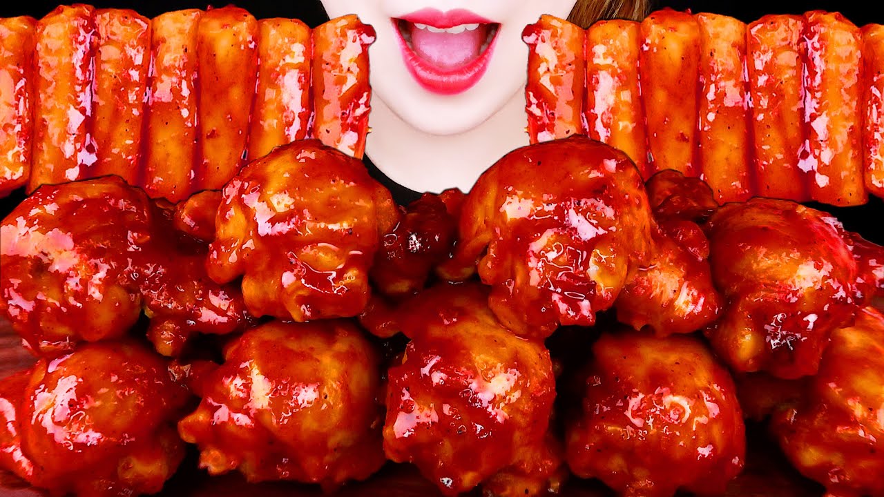 ASMR SPICY CHICKEN, RICE CAKE, CREAM CHEESE BAGUETTE BALL 볼케이노 치킨, 떡꼬치 먹방 EATING SOUNDS MUKBANG 咀嚼音