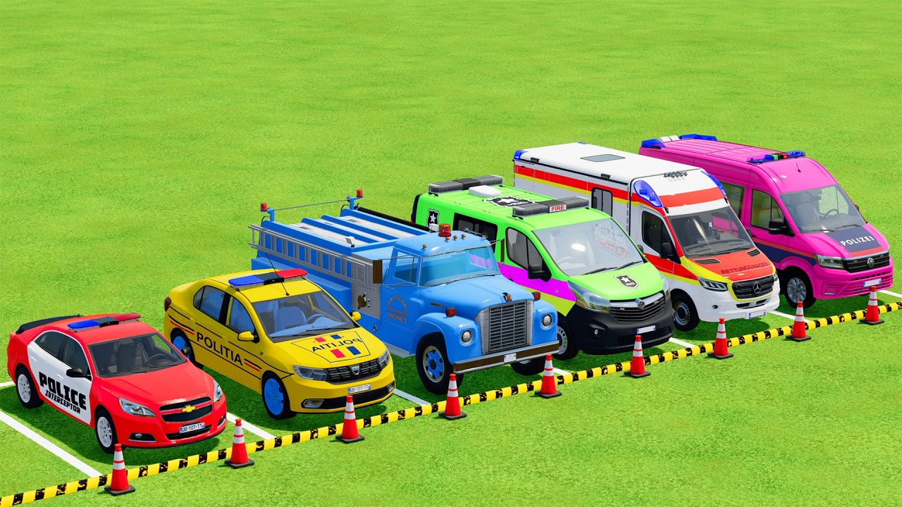 TRANSPORTING POLICE CARS, AMBULANCE, FIRE TRUCK, COLORFUL CARS WITH TRUCK - FARMING SIMULATOR 22 #28