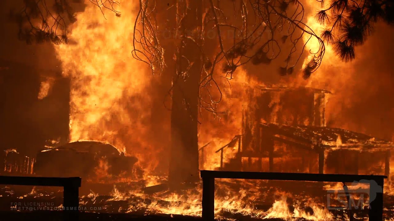 8-4-2021 Greenville, Ca Dixie Fire Intense close range video of homes burning through town