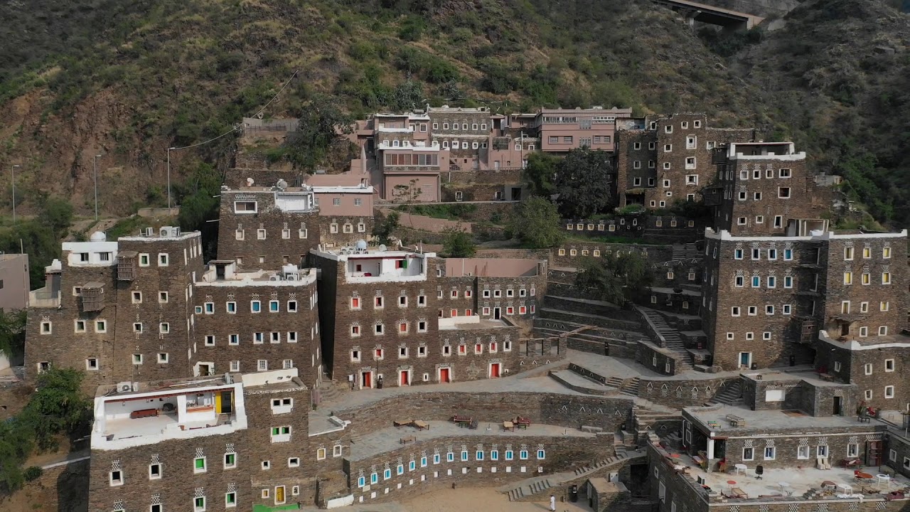 4K Rijal Almaa heritage village aerial view, Asir province, Rijal Alma, Saudi Arabia