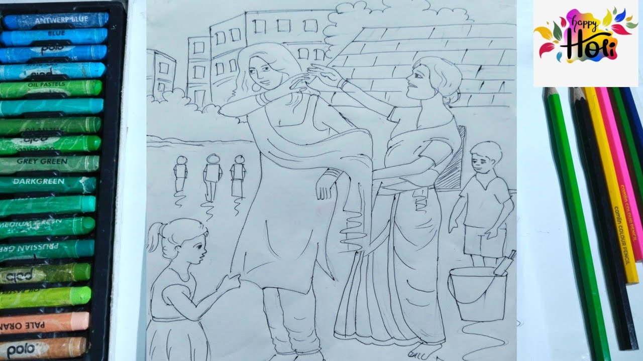 How To Draw Holi Festival Scenery // Holi Special Drawing