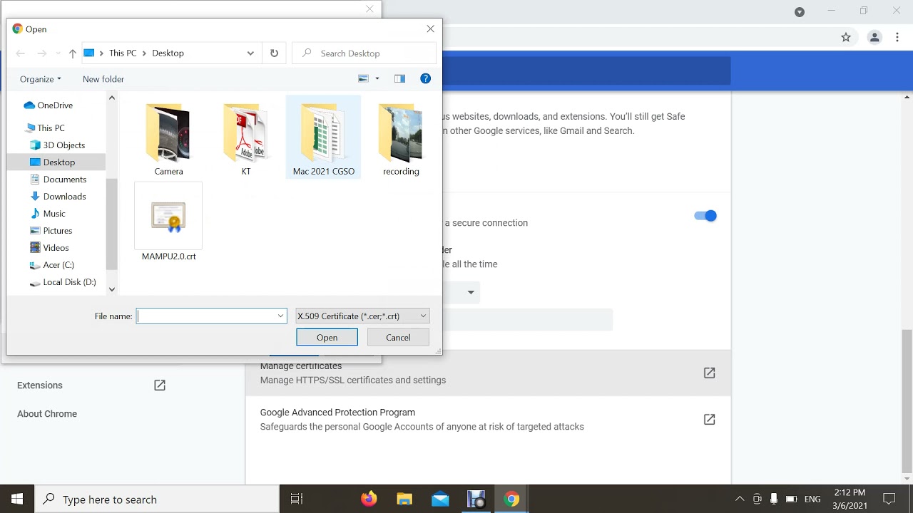 SSL Certificates uploading method for Google Chrome Browser