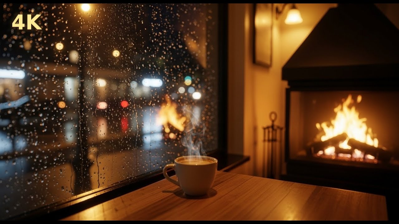 Rainy Night Coffee Shop Ambience 🔥 Fireplace & Rain Sounds for Deep Relaxation | 3 HOURS