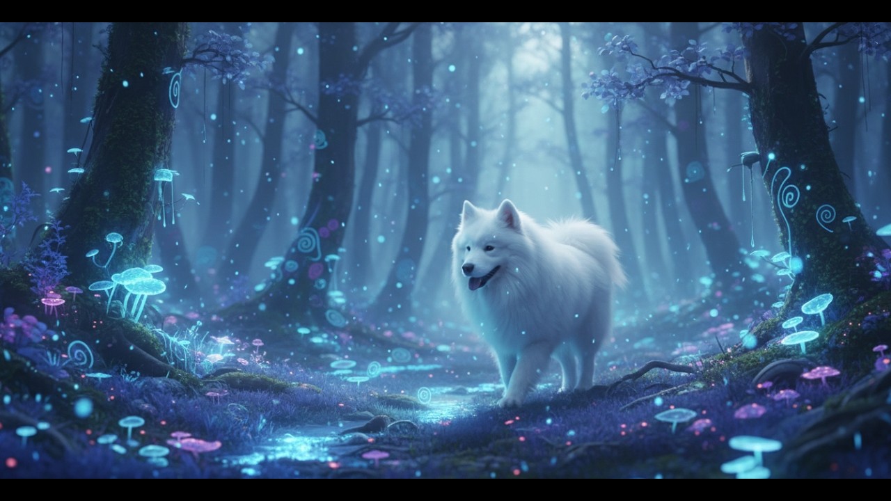 Magical Forest Relaxation 🌌 Samoyed in a Bioluminescent Dream | Deep Stress Relief & Sleep Music