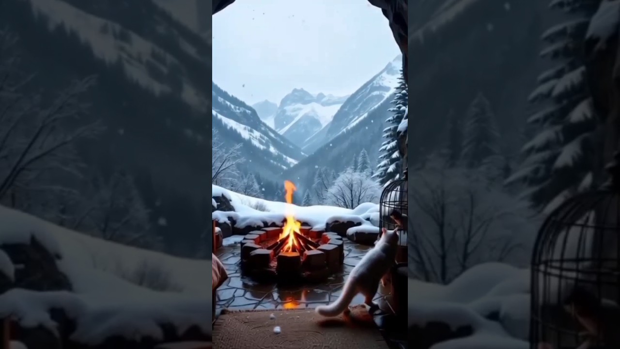 Winter Cave Resort View, Fire pit, Snowfall, Cat, Bird Nest, Valley, Camping Tourism  / 