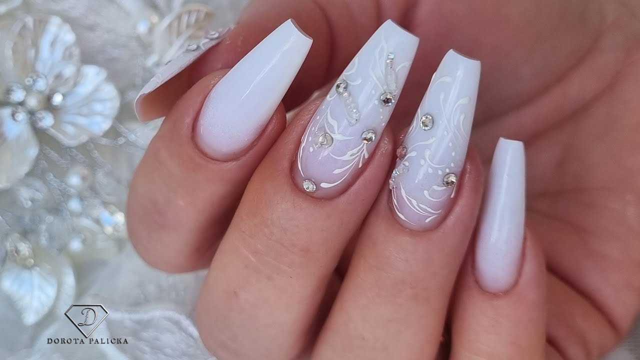 Elegant faded french manicure nails with filigree nail art and crystals. Gel rebalance step by step