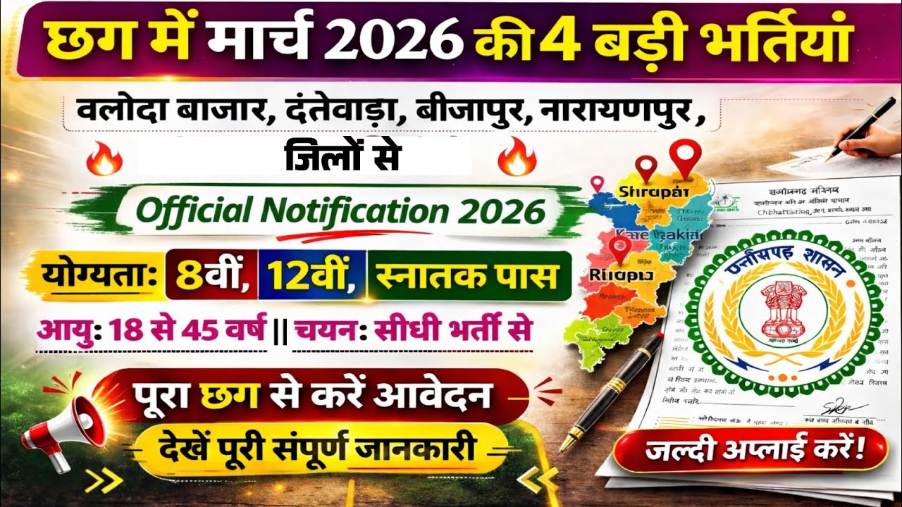 छग में मार्च 2026 की 4 बड़ी भर्तियां 🔥 | Official Notification 2026 | 8वीं, 12वीं, Graduate Apply