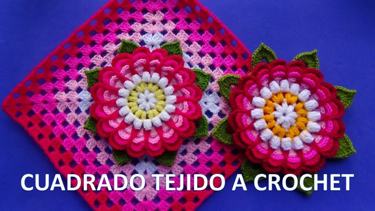 Cuadrado tejido a ganchillo con flor Dalia paso a paso para colchas y cojines