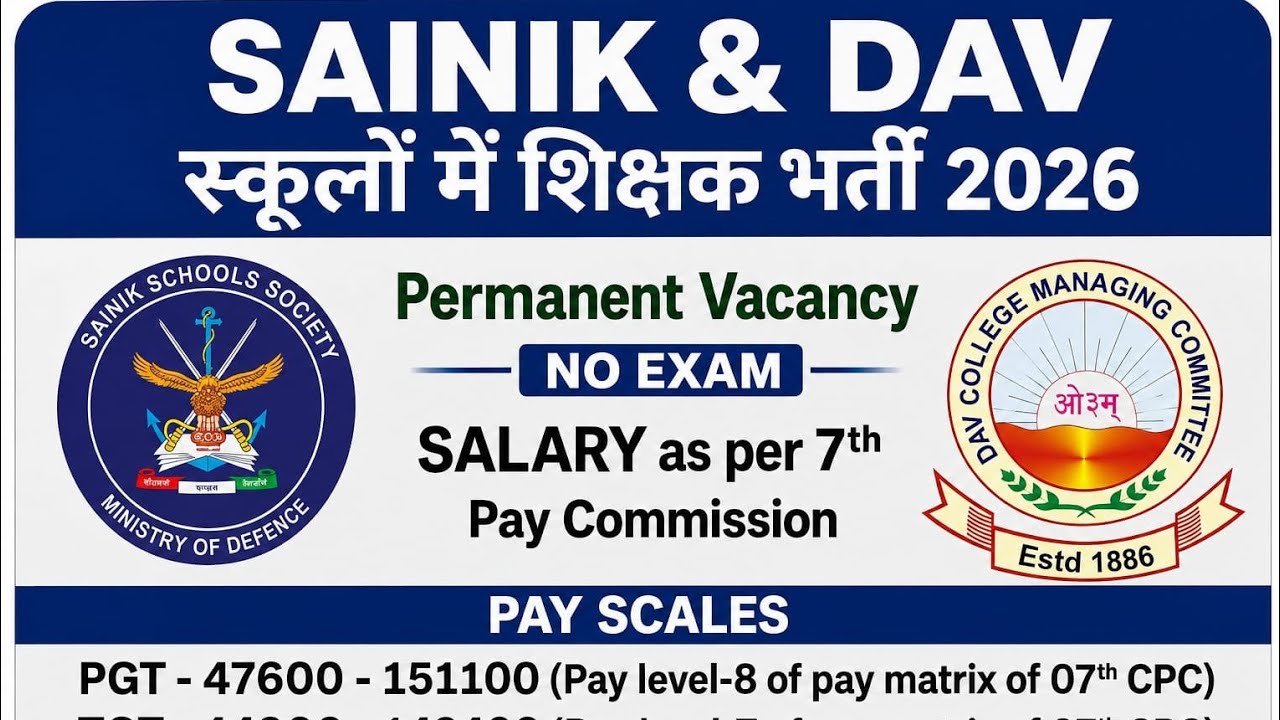 🔥SAINIK & DAV School Teacher Vacancy 2026 | Teaching & Non-Teaching Jobs | PGT TGT PRT | Salary 7PC