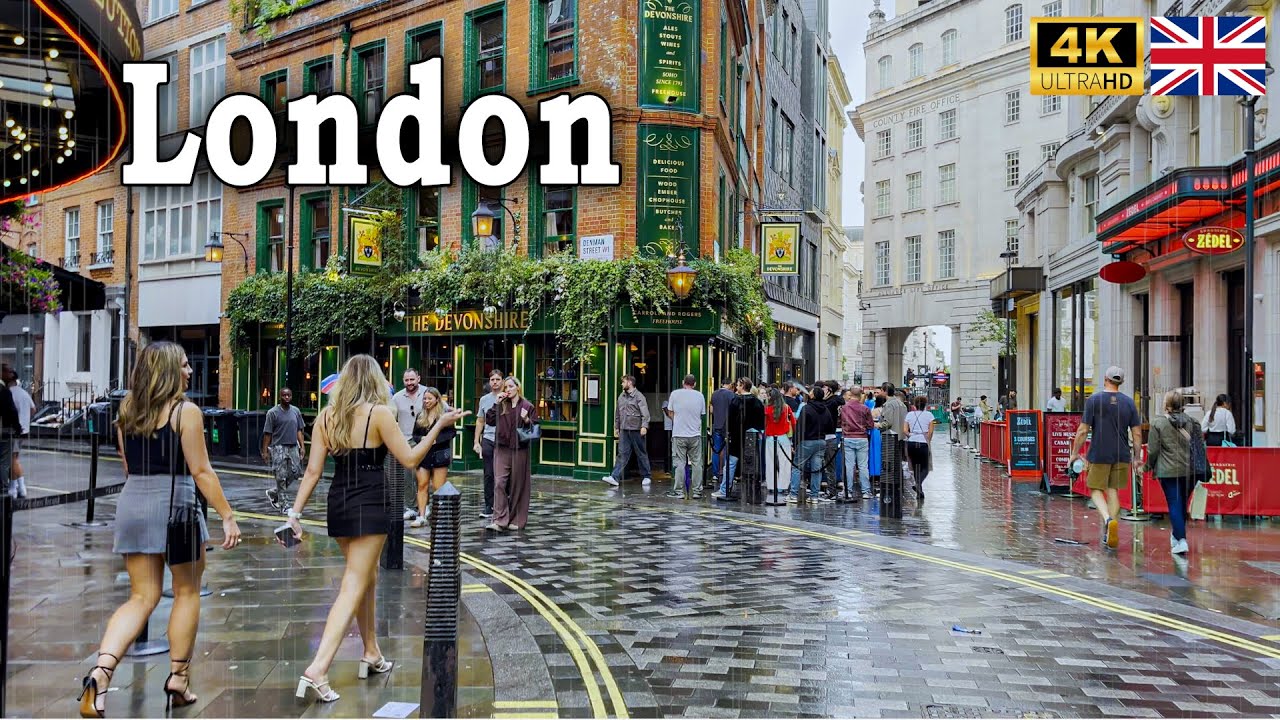 Amazing Rainy Saturday Night Walking Tour in London | 4K HDR