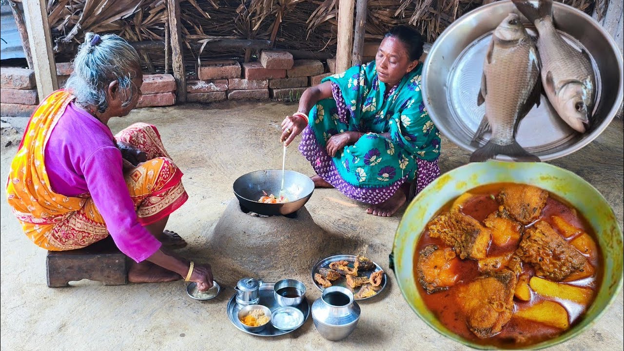 KATLA FISH CURRY recipe cooking and eating by our village couple. 