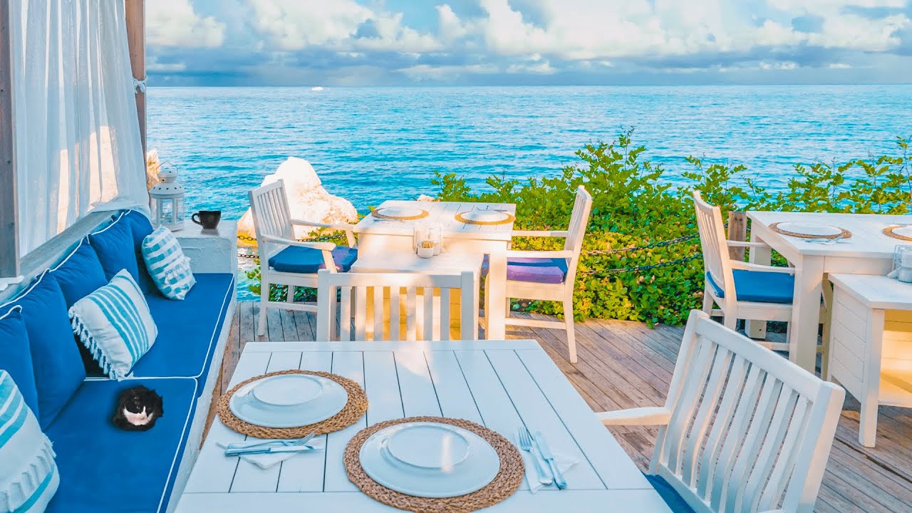 Seaside Cafe Ambience & Bossa Nova Music, Breakfast with Sleepy Kitty, Ocean Wave & Wind Sound