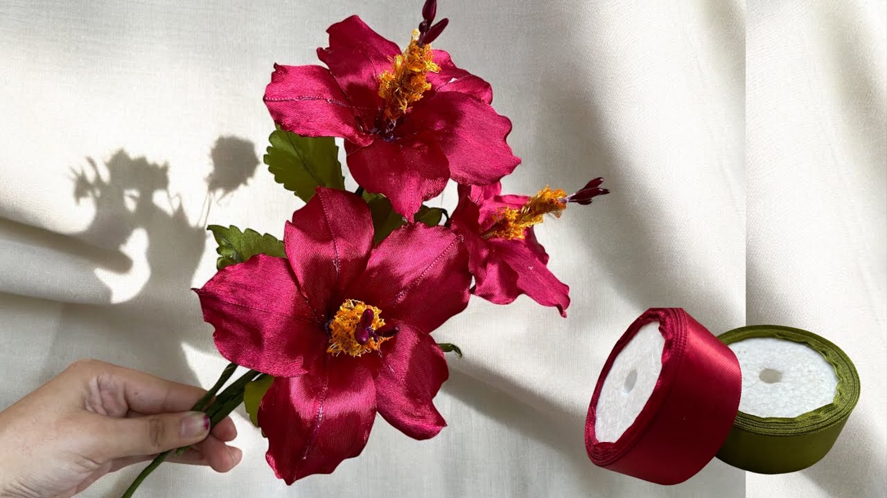DIY Hibiscus ribbon flowers/how to make beautiful satin ribbon flowers easily