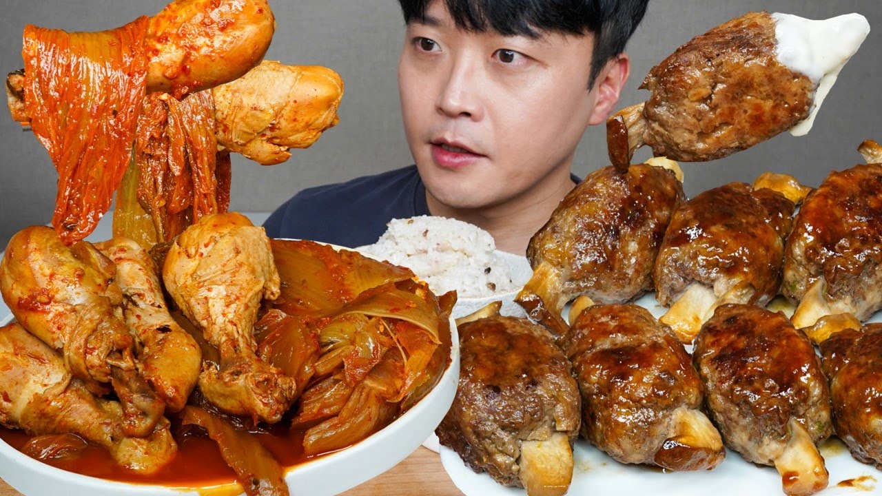 [와차밥] 묵은지닭볶음탕 새송이떡갈비 먹방 Braised Spicy Chicken & Grilled Short Rib ASMR MUKBANG REAL SOUND EATING