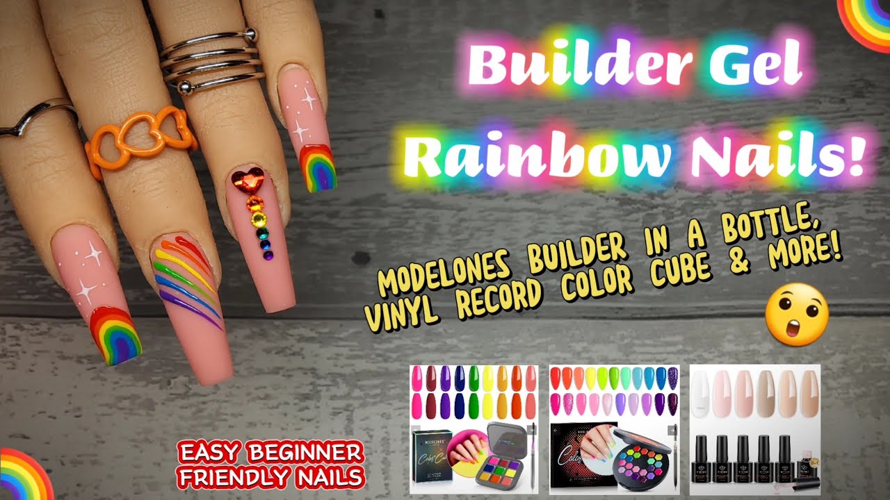 BUILDER GEL NAILS! | EASY RAINBOW DESIGN | MODELONES BIAB, VINYL RECORD COLOR CUBE & MORE!