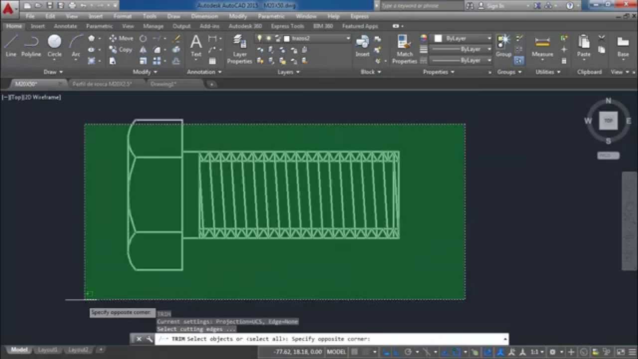 Dibujo en AutoCAD del perfil de la rosca de un tornillo M20X50