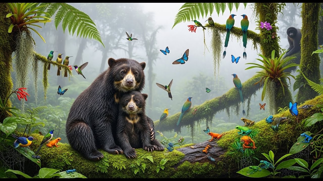4K Spectacled Bears in Misty Cloud Forest | Relaxing Amazon Wildlife Walk | Nature Documentary