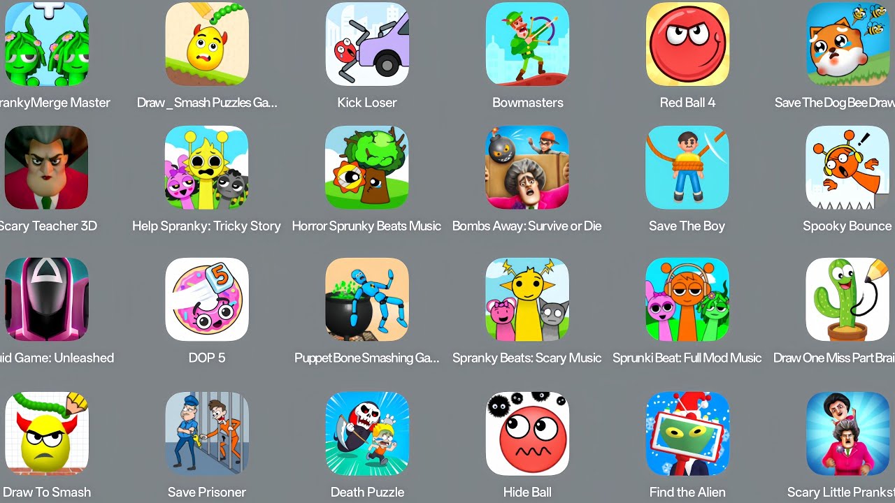 Hide Ball,Draw to smash,Minecraft,Break Ragdoll,Death Puzzle,Squid Games,Spranky Survival,DOP5
