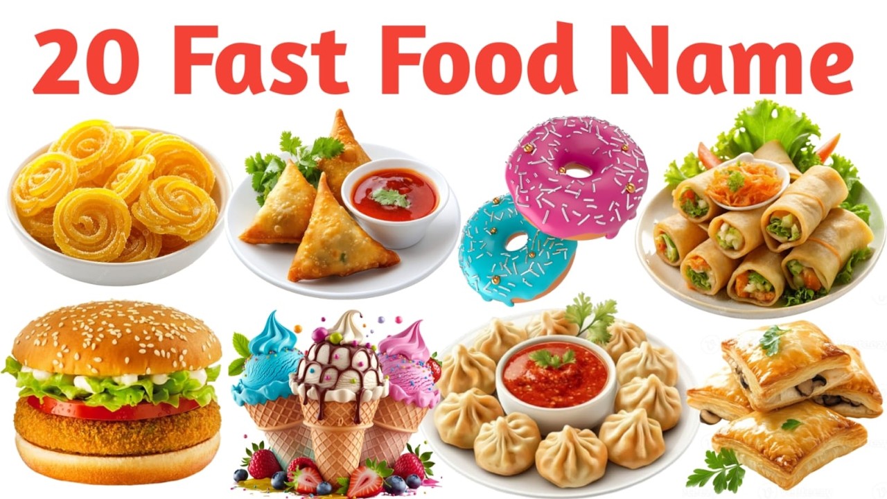 20 Fast Food Names for Kids | English Vocabulary Learning Video, kids school