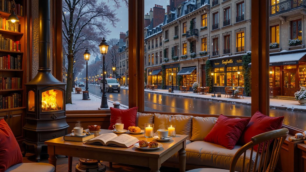 Snowy Evening Café Jazz ☕ Cozy Winter Street Views & Smooth Jazz for Relaxing Nights