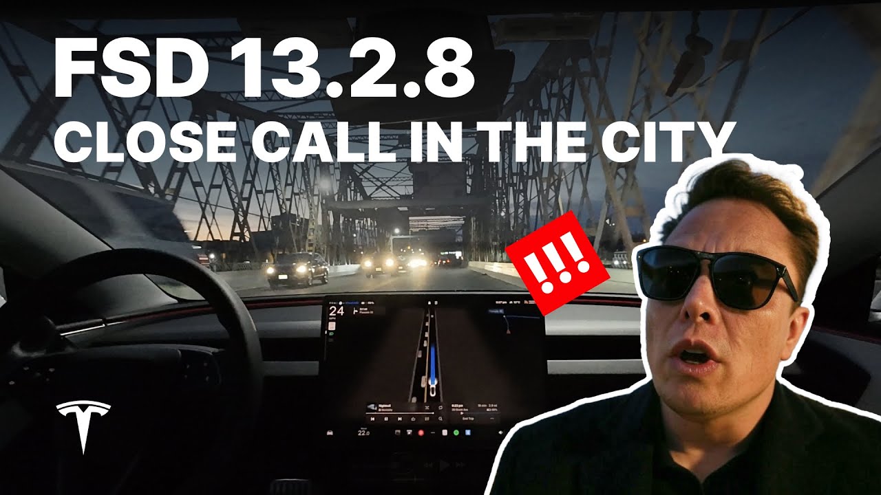 Tesla FSD 13.2.8 Close call in the city | Full Drive + Commentary