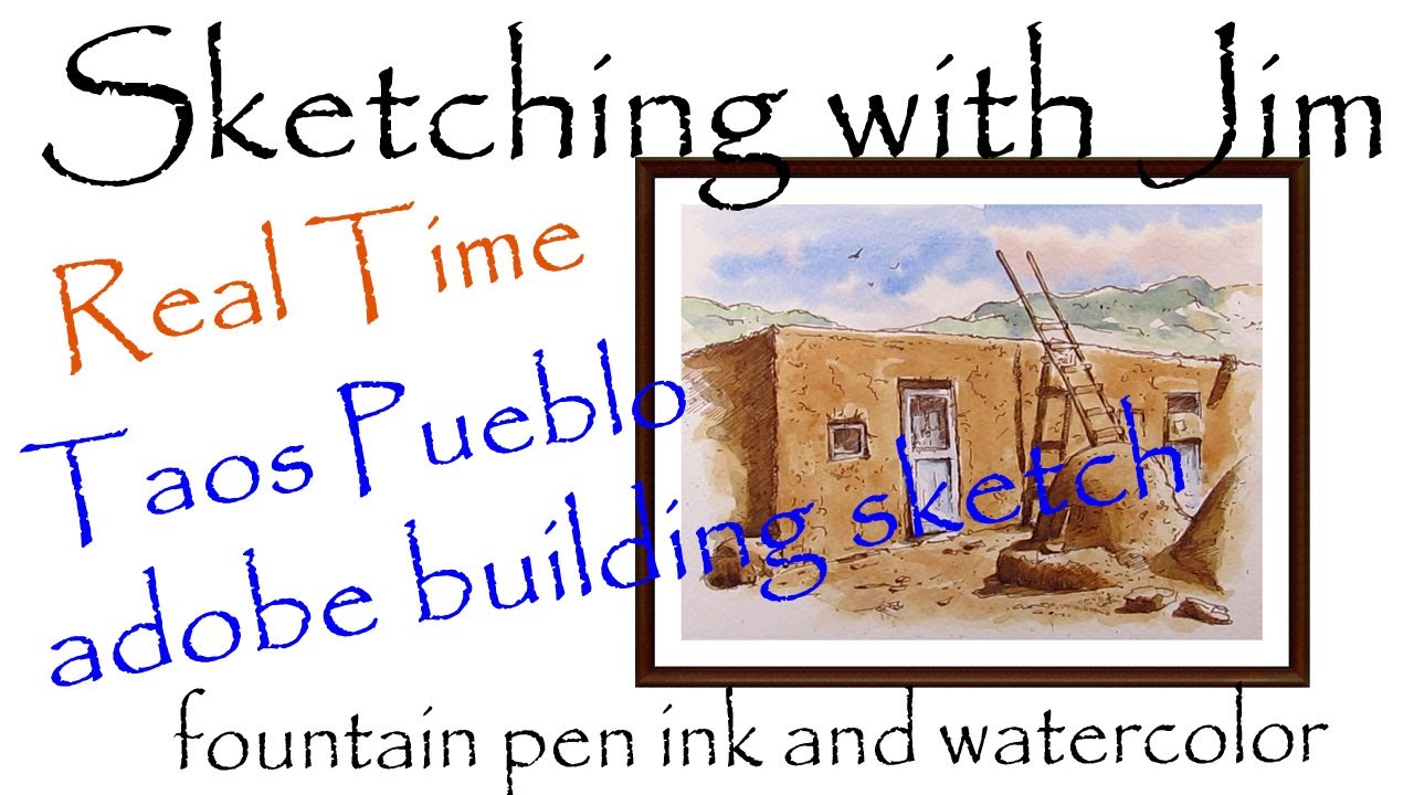 Taos Pueblo Adobe fountain pen ink and watercolor sketch