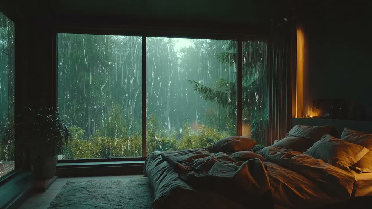 Cozy Cabin at Night 🌧️ Heavy Rain & Hanging Light Sounds for Deep Sleep