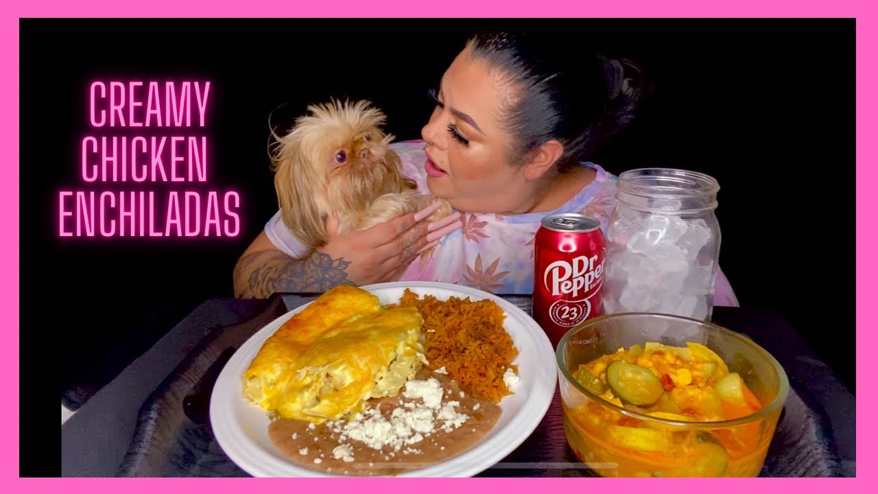 Creamy chicken green chili enchiladas mukbang