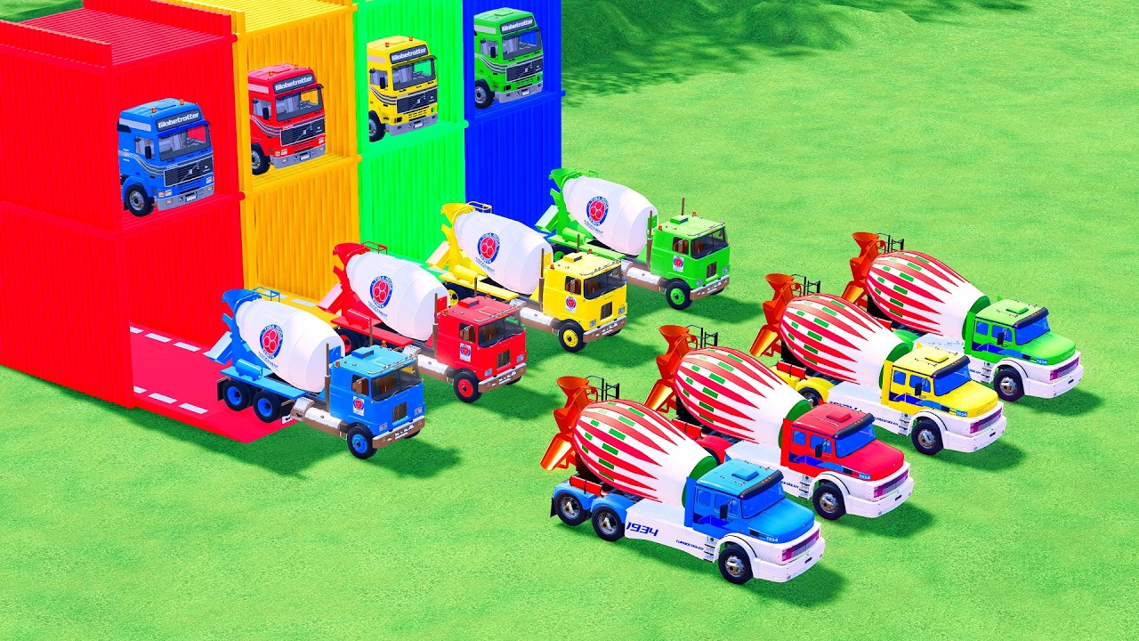 Garage with Colors - ALL MIXER TRUCK WITH DOUBLE FLATBED TRAILER TRUCK, TESLA, SCANIA, MARMON - FS22