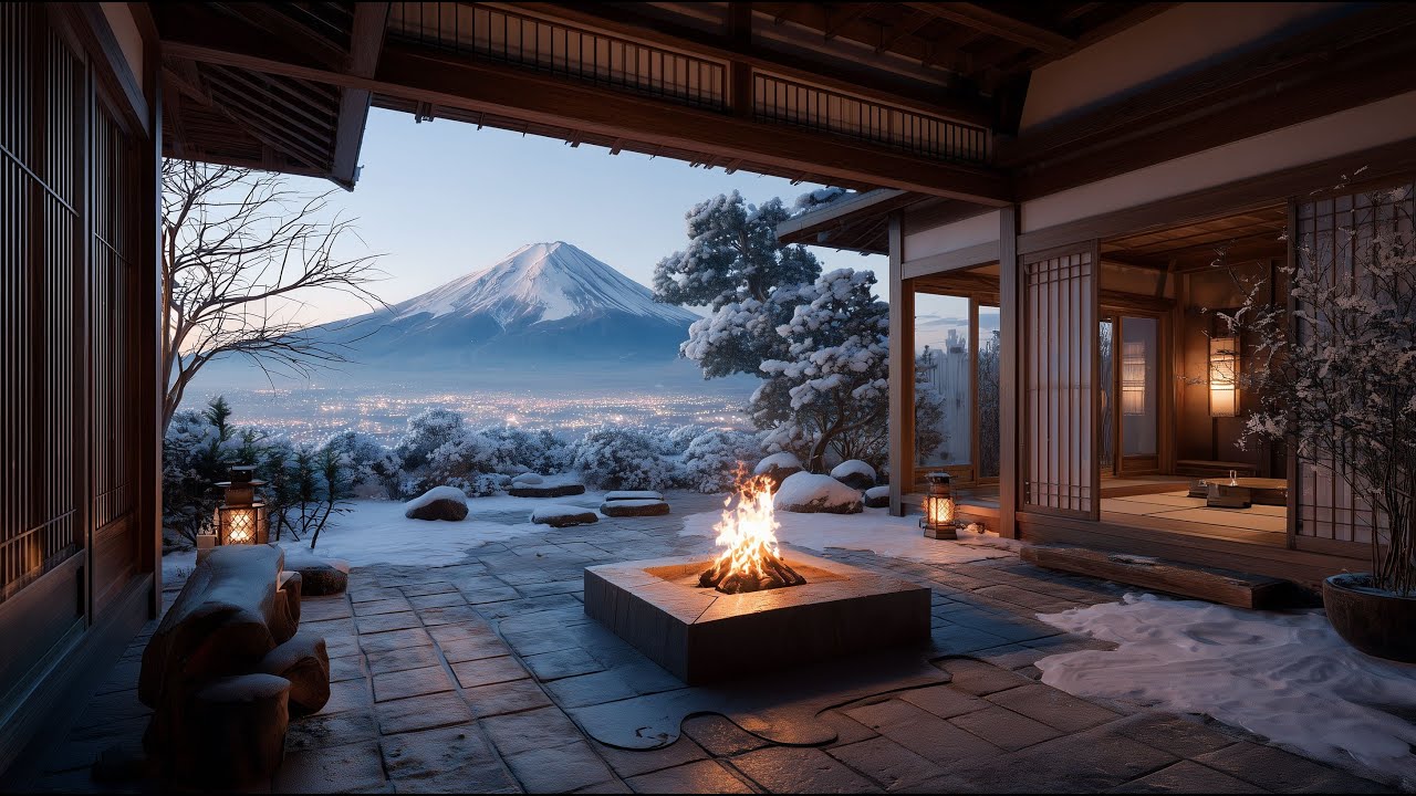 Mt. Fuji Serenity Crackling Fire ❄️ Japanese Ryokan Courtyard Ambience with Fire Pit & Snowfall
