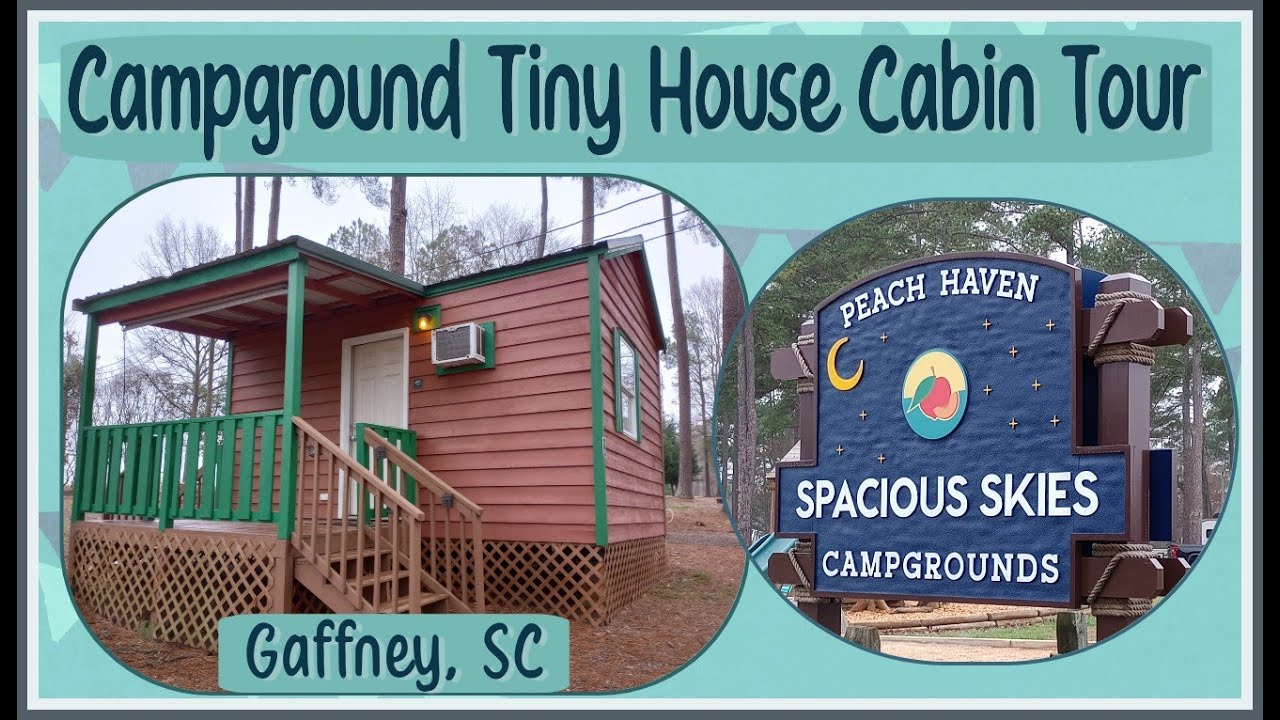 Camping Cabin ~ Tiny House Tour ~ Spacious Skies Peach Haven Campground ~ Gaffney SC